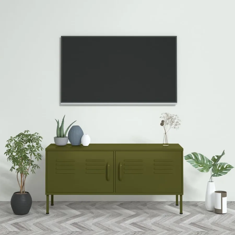 Meuble TV Vert olive 105x35x50 cm Acier