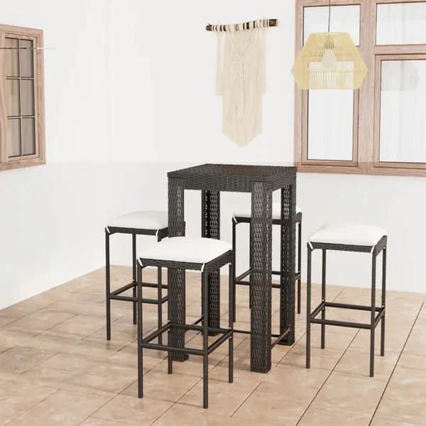 Ensemble de bar de jardin 5 pcs et coussins Résine tressée Noir