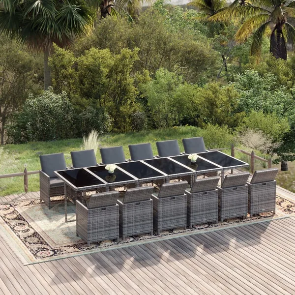Ensemble à manger de jardin coussins 13 pcs Résine tressée Gris