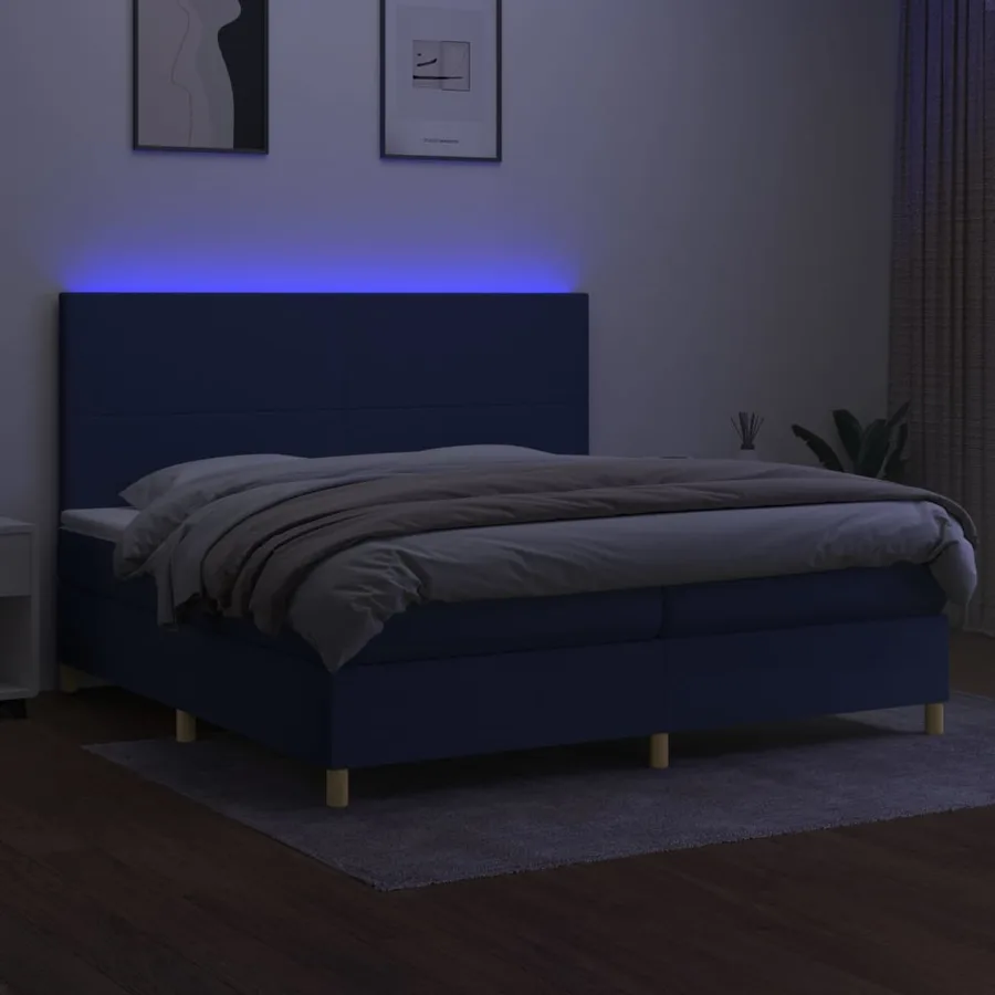 Sommier à lattes de lit et matelas et LED Bleu 200x200 cm Tissu - 4