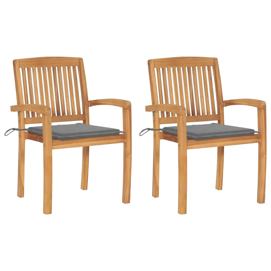 Chaises de jardin lot de 2 et coussins gris Bois de teck massif