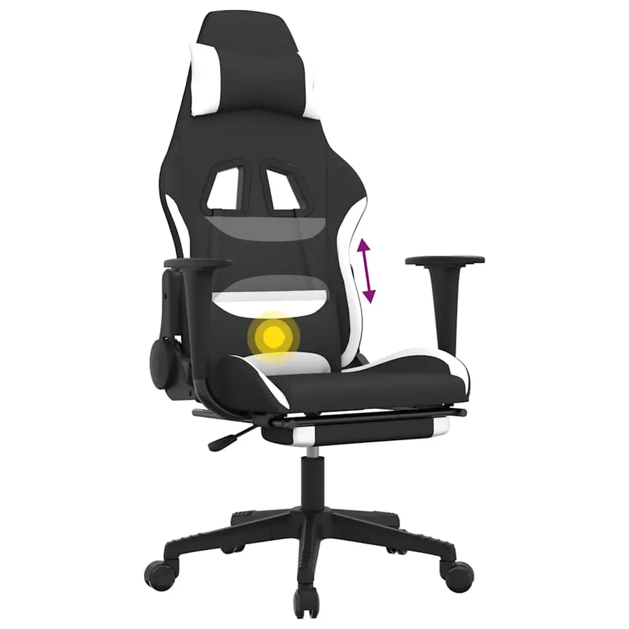 Chaise de jeu de massage avec repose-pied Noir et blanc Tissu - 12