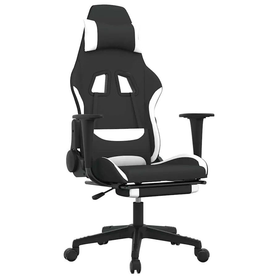 Chaise de jeu de massage avec repose-pied Noir et blanc Tissu - 2