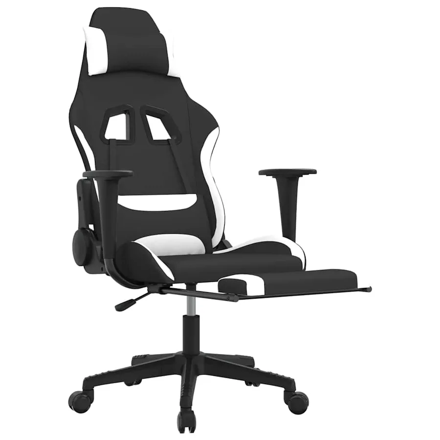 Chaise de jeu de massage avec repose-pied Noir et blanc Tissu - 6