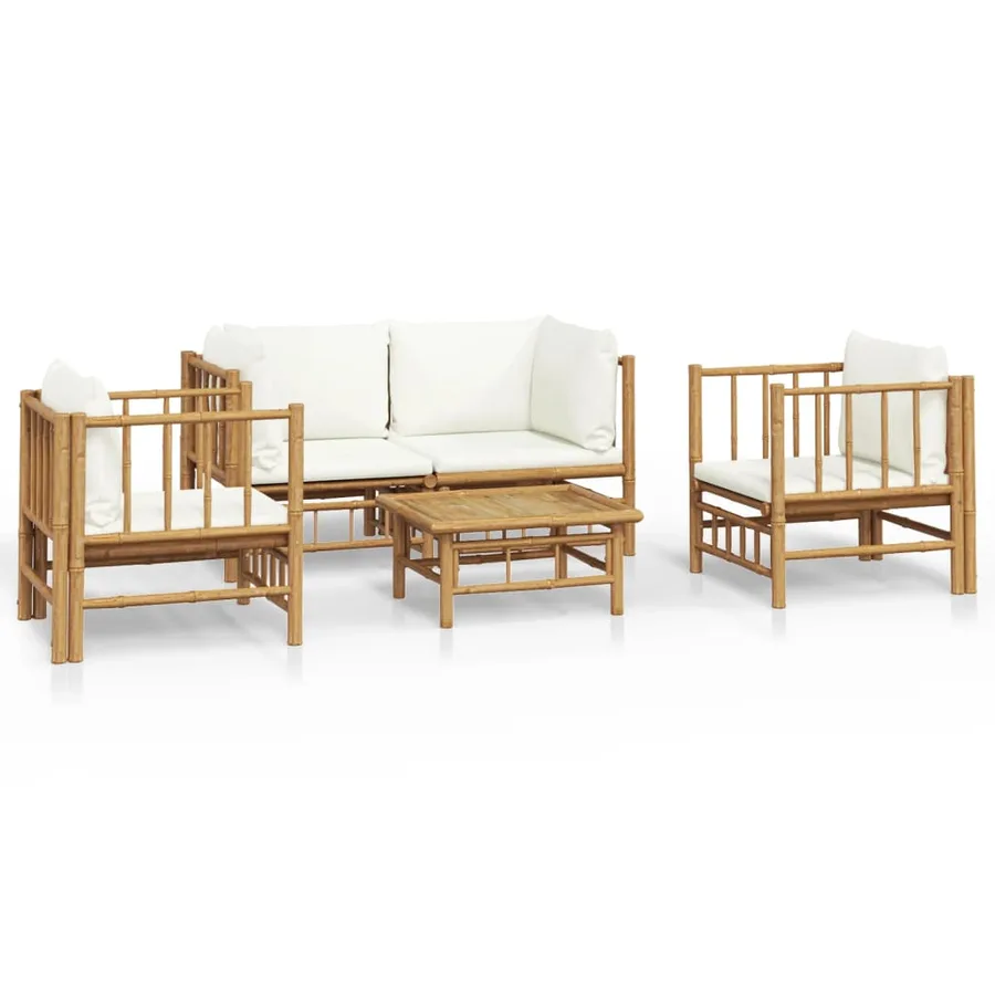 Salon de jardin 5 pcs avec coussins blanc crème bambou - 2