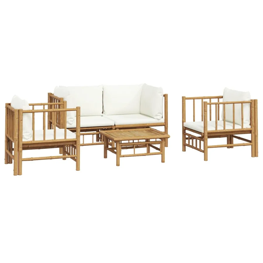 Salon de jardin 5 pcs avec coussins blanc crème bambou - 3