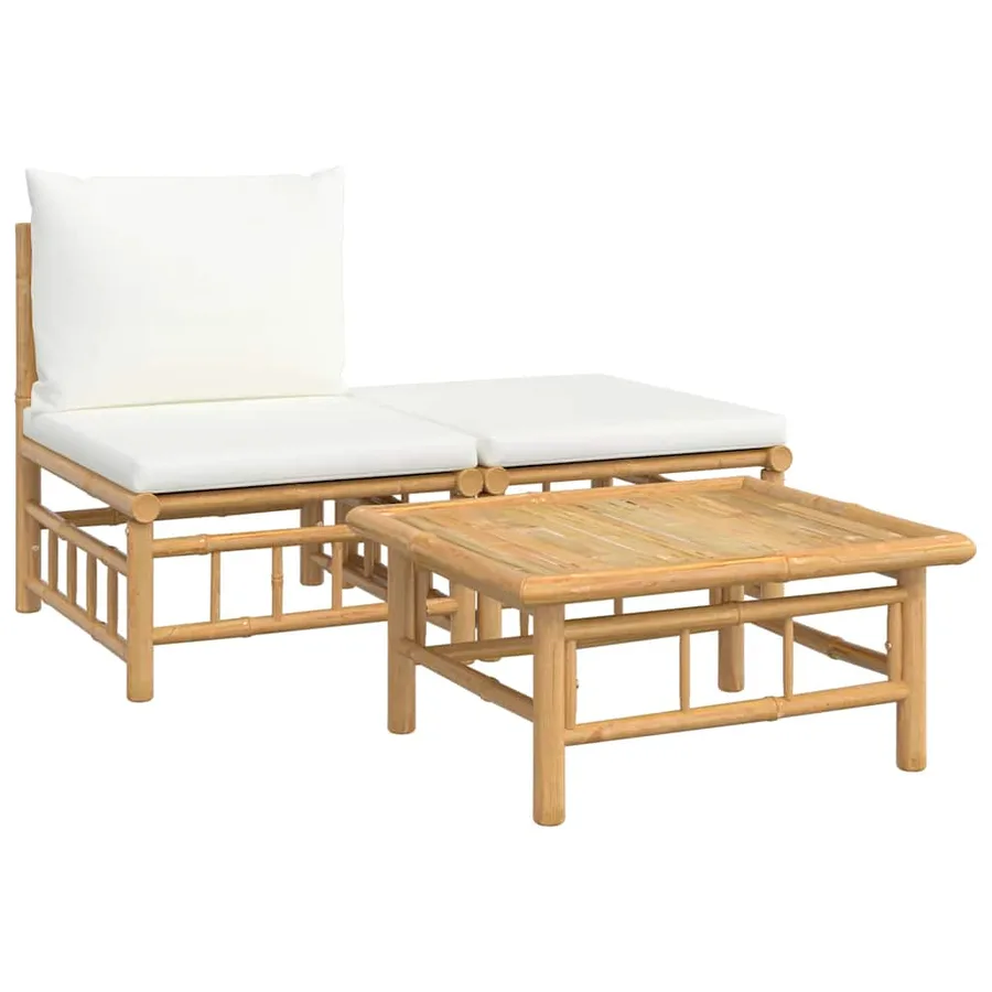 Salon de jardin 3 pcs avec coussins blanc crème bambou - 2