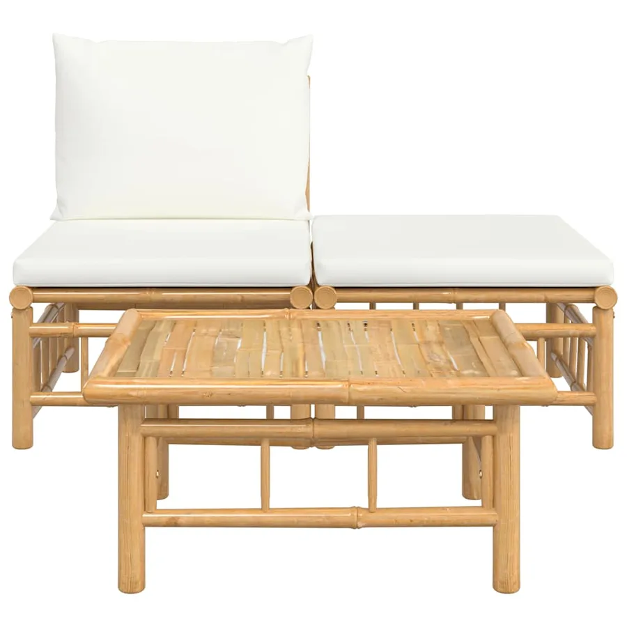 Salon de jardin 3 pcs avec coussins blanc crème bambou - 3