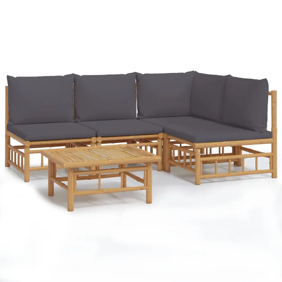 Salon de jardin 5 pcs avec coussins gris foncé bambou - 2