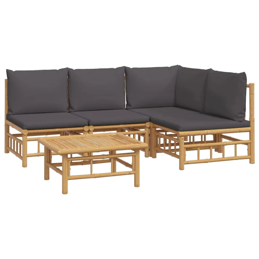 Salon de jardin 5 pcs avec coussins gris foncé bambou - 3