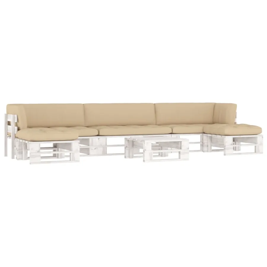 Salon de jardin palette 6 pcs et coussins Pin imprégné de blanc