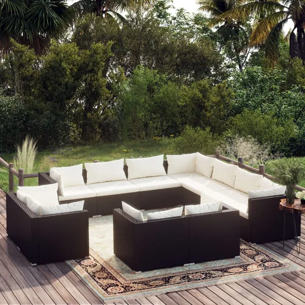 Salon de jardin 11 pcs avec coussins Noir Résine tressée