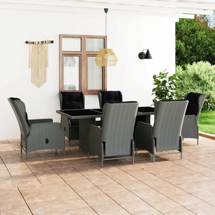 Ensemble à manger d'extérieur et coussins 7 pcs résine tressée