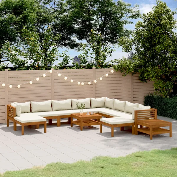Salon de jardin 12 pcs avec coussin crème Bois d'acacia solide