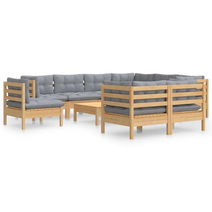 Salon de jardin 10 pcs avec coussins gris bois de pin massif - 2