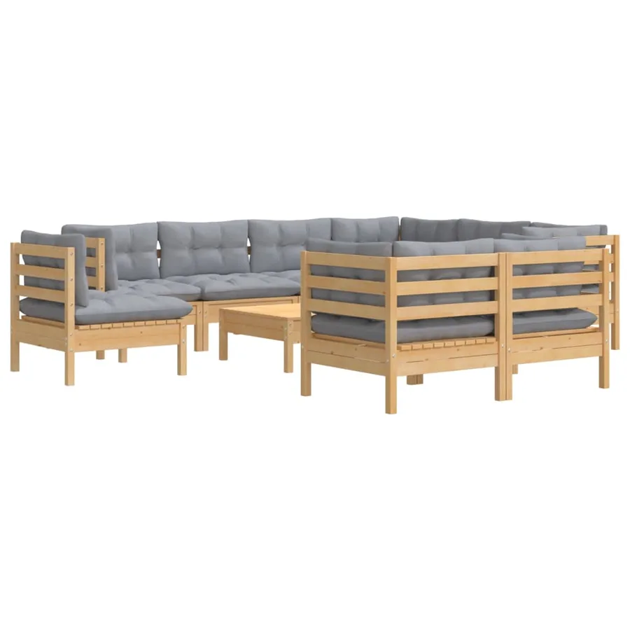 Salon de jardin 10 pcs avec coussins gris bois de pin massif - 3