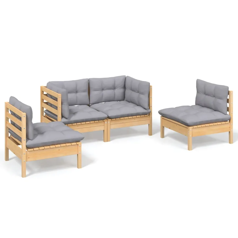 Salon de jardin 4 pcs avec coussins gris Bois de pin massif - 2