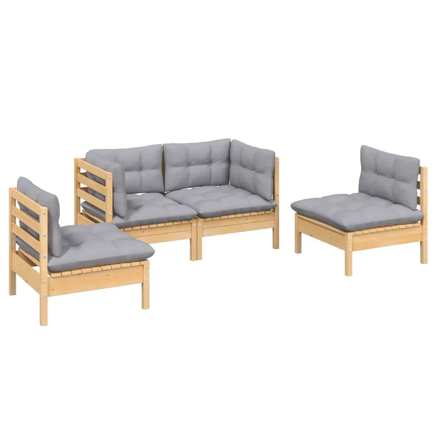 Salon de jardin 4 pcs avec coussins gris Bois de pin massif - 3