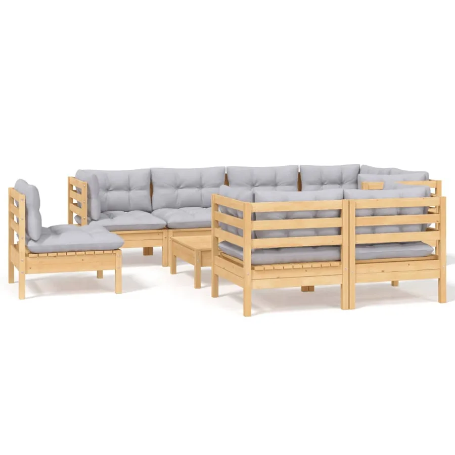 Salon de jardin 9 pcs avec coussins gris bois de pin massif - 2