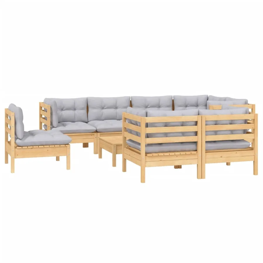 Salon de jardin 9 pcs avec coussins gris bois de pin massif - 3