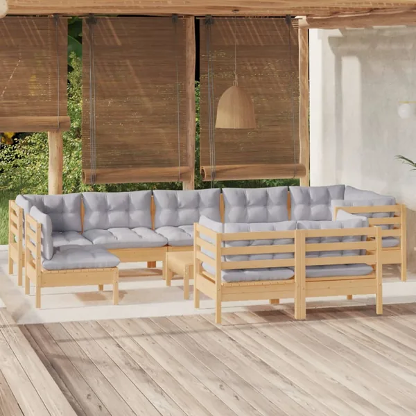 Salon de jardin 10 pcs avec coussins gris bois de pin massif