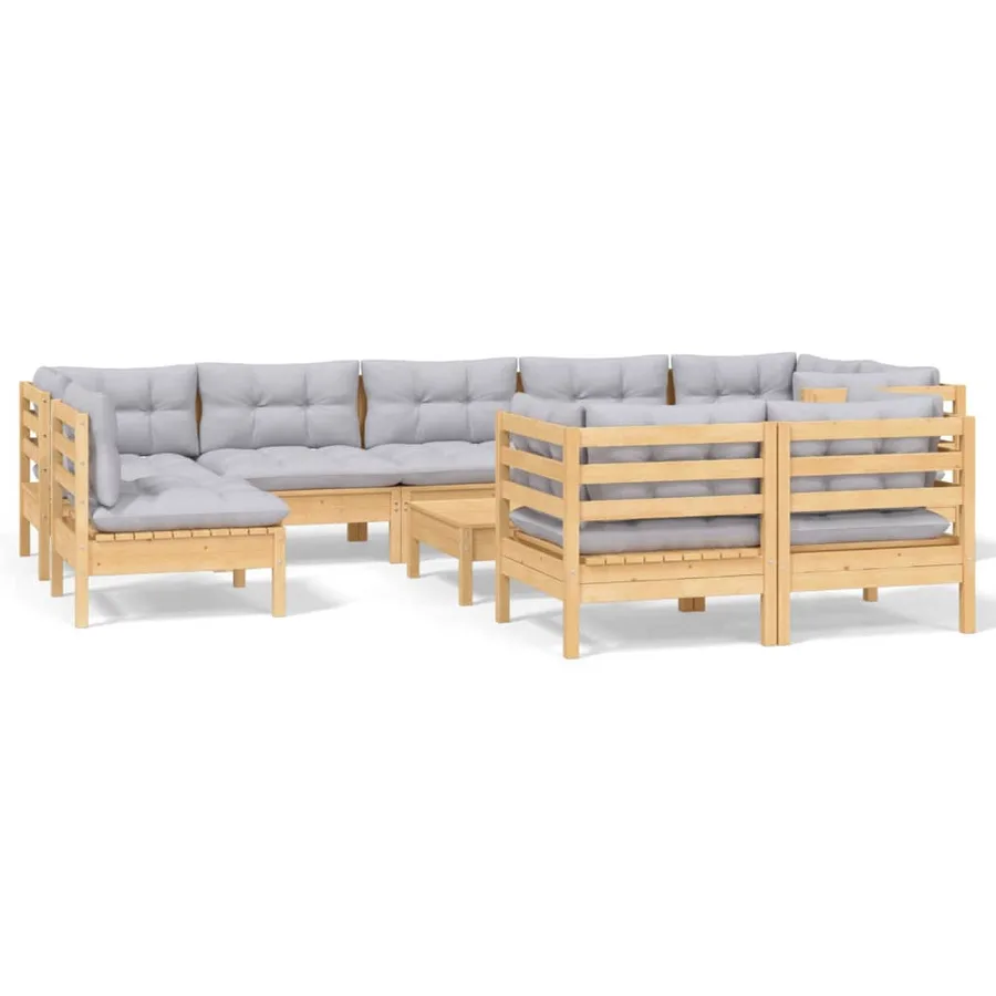 Salon de jardin 10 pcs avec coussins gris bois de pin massif - 2