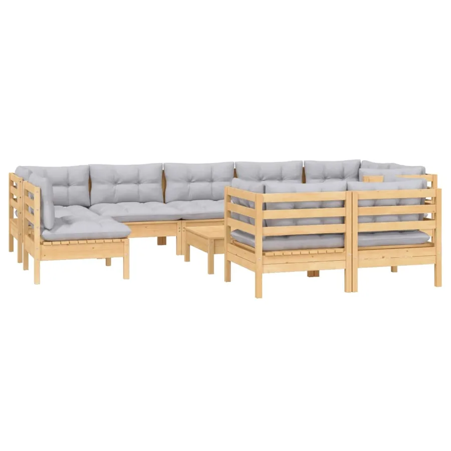 Salon de jardin 10 pcs avec coussins gris bois de pin massif - 3