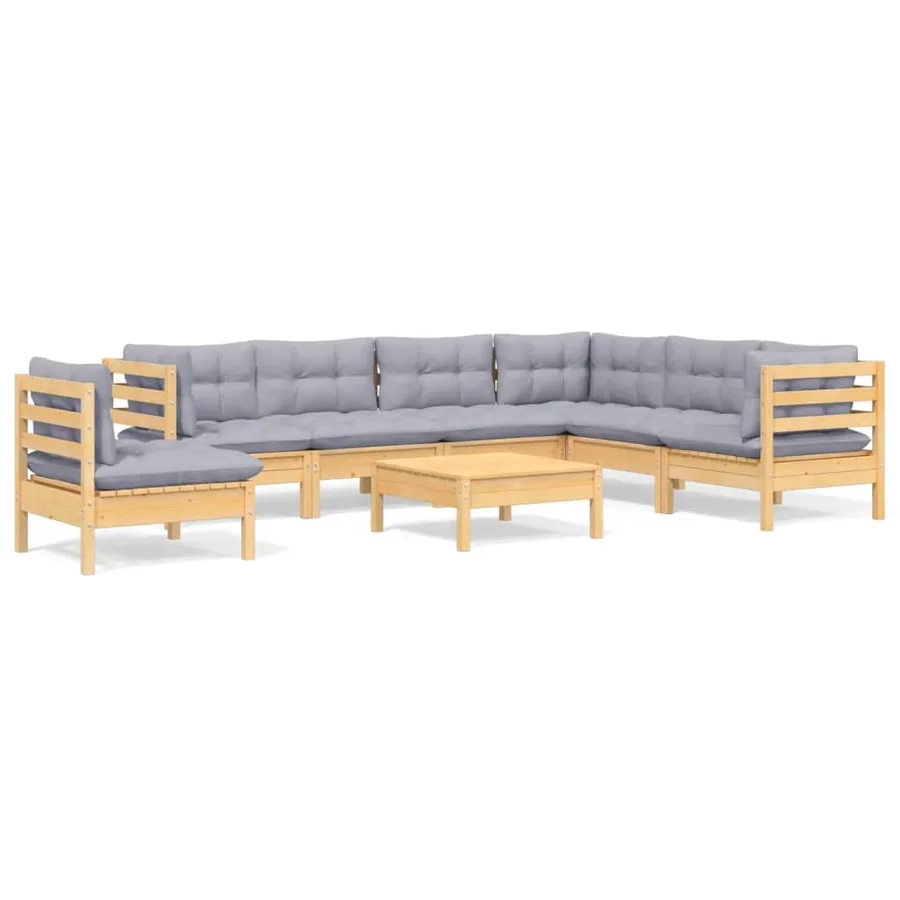 Salon de jardin 8 pcs avec coussins gris Bois de pin massif - 2