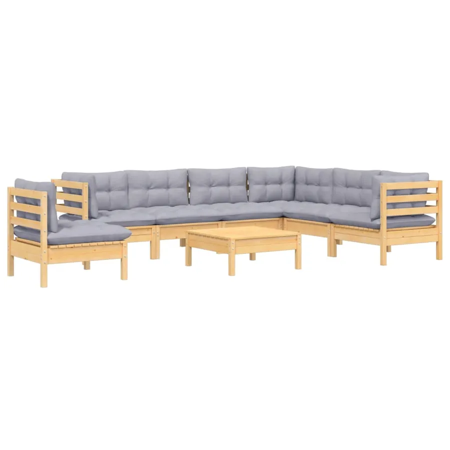 Salon de jardin 8 pcs avec coussins gris Bois de pin massif - 3