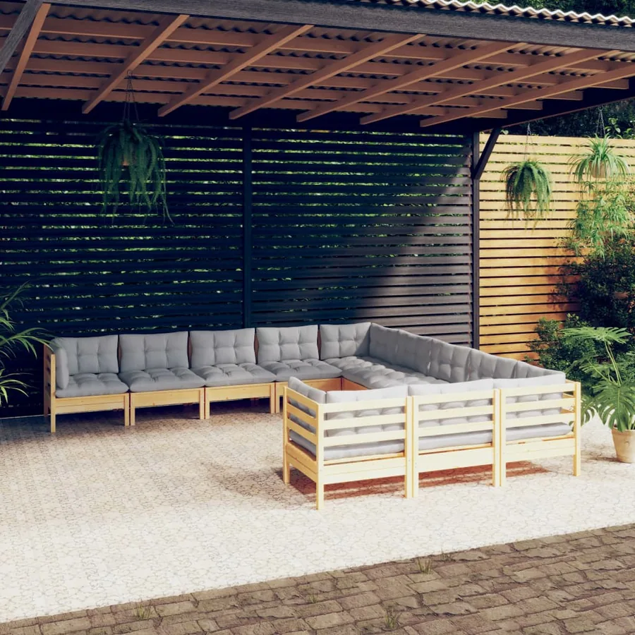 Salon de jardin 11 pcs avec coussins gris bois de pin