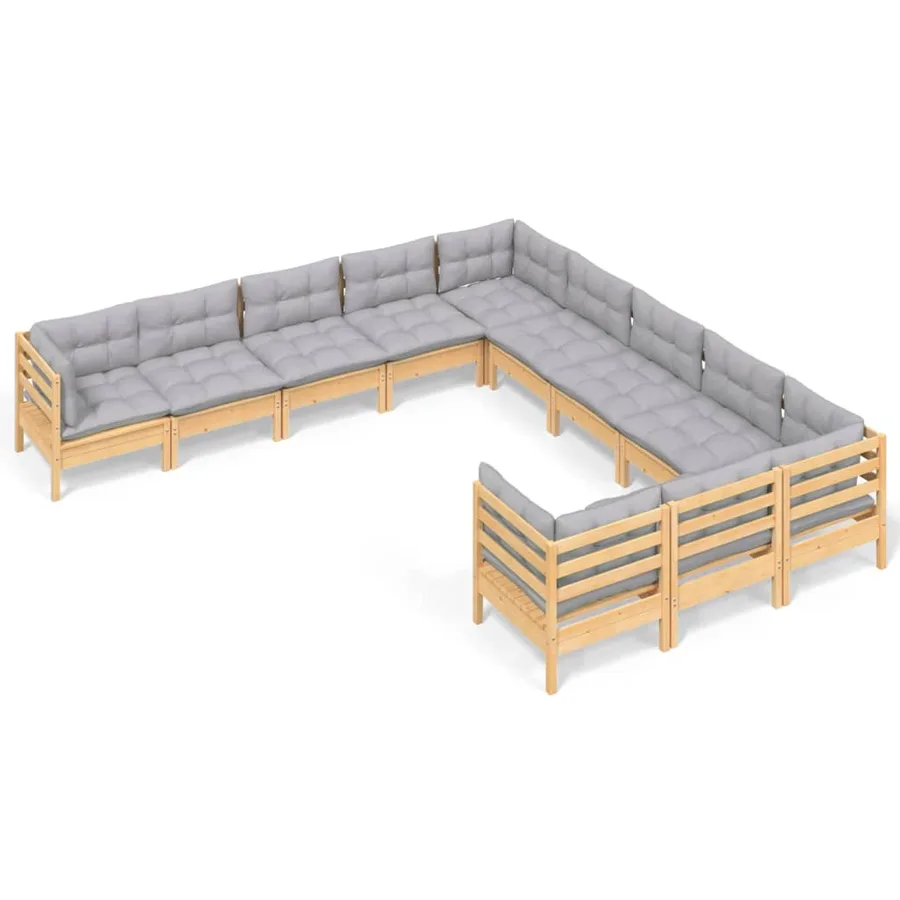 Salon de jardin 11 pcs avec coussins gris bois de pin - 2