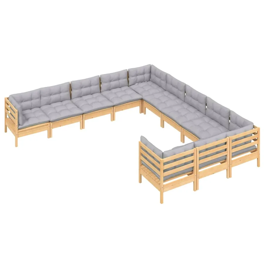 Salon de jardin 11 pcs avec coussins gris bois de pin - 3