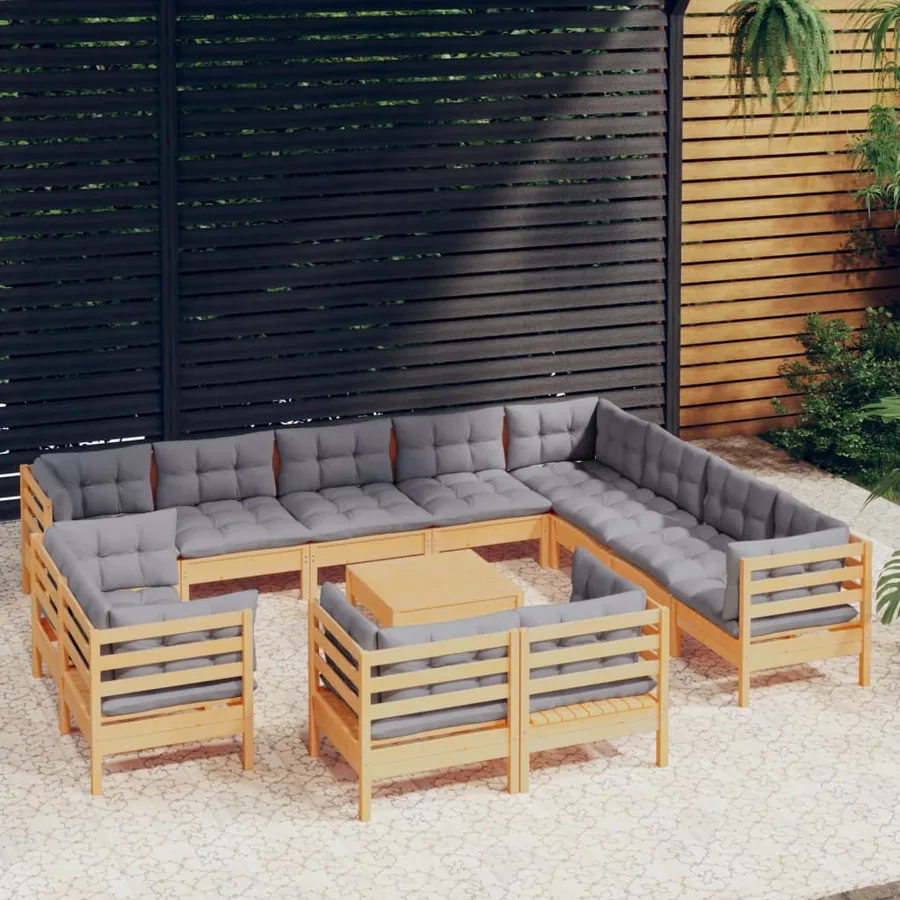 Salon de jardin 13 pcs avec coussins gris Bois de pin solide