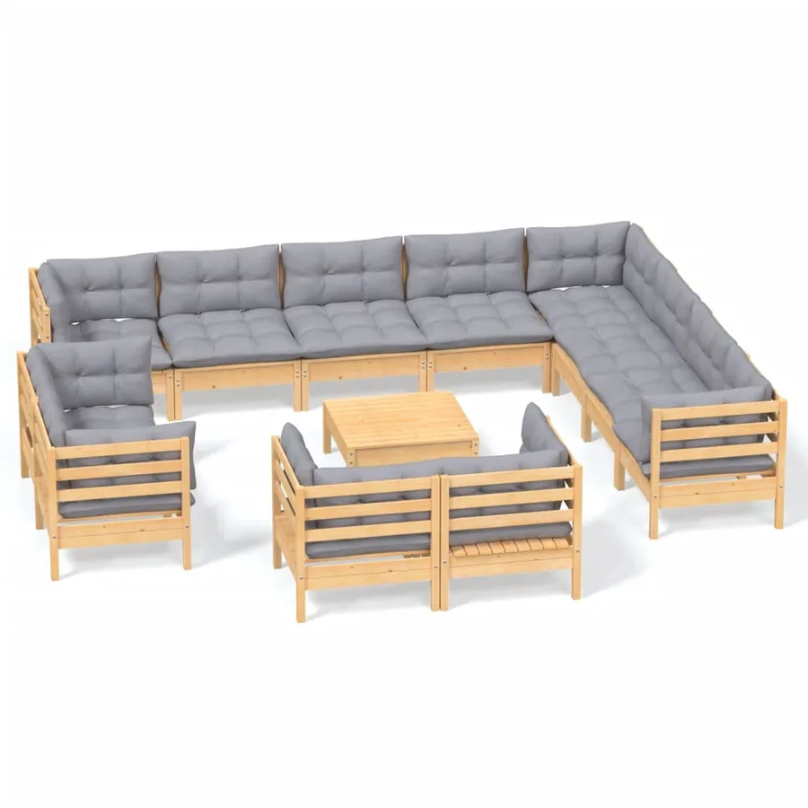 Salon de jardin 13 pcs avec coussins gris Bois de pin solide - 2