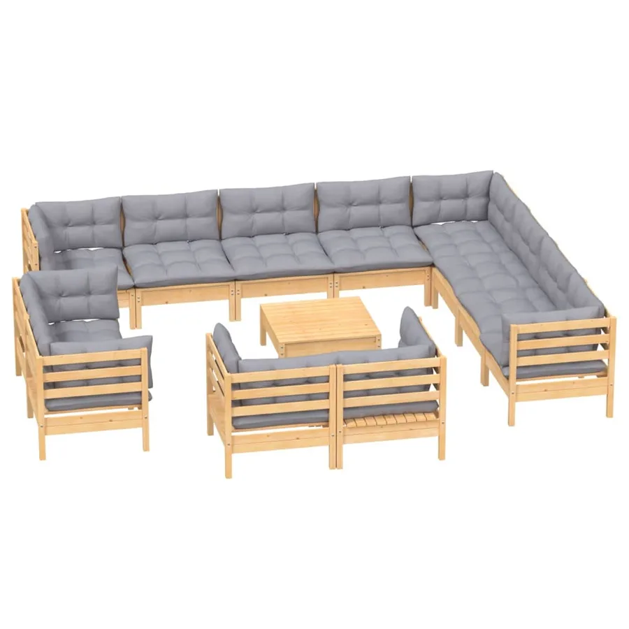 Salon de jardin 13 pcs avec coussins gris Bois de pin solide - 3