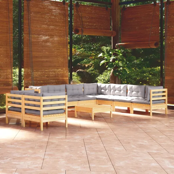 Salon de jardin 10 pcs avec coussins gris bois de pin massif
