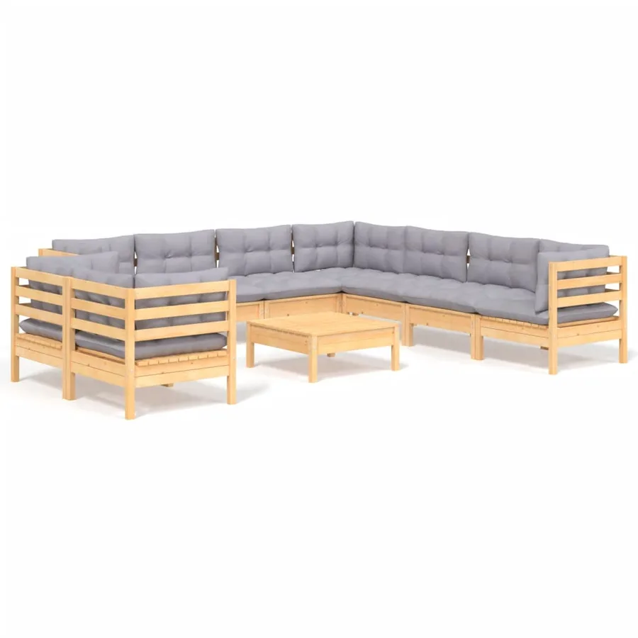 Salon de jardin 10 pcs avec coussins gris bois de pin massif - 2
