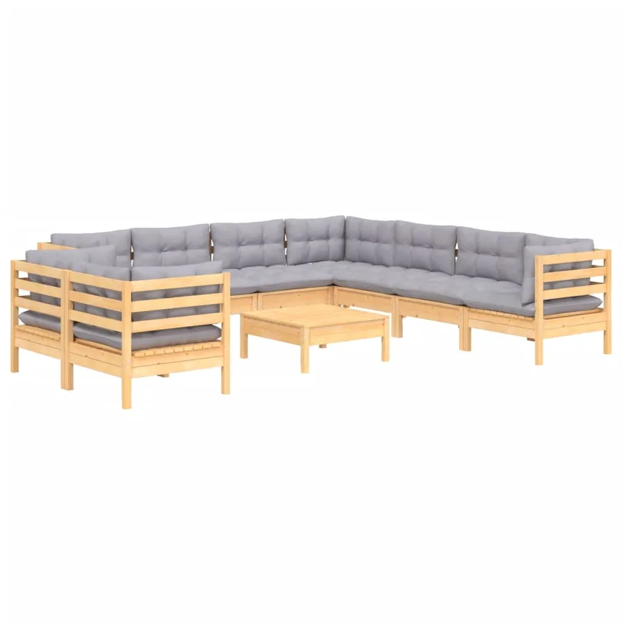 Salon de jardin 10 pcs avec coussins gris bois de pin massif - 3