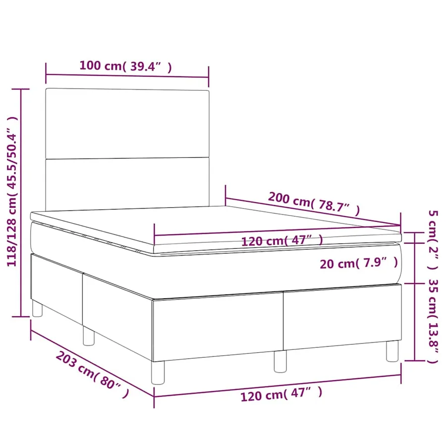 Sommier à lattes de lit et matelas et LED Noir 120x200 cm Tissu - 8
