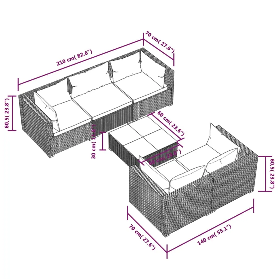 Salon de jardin 6 pcs avec coussins résine tressée gris - 9