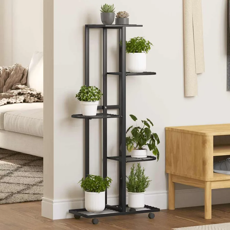 Jardinière à 5 niveaux avec roues 44x23x100 cm Noir Fer