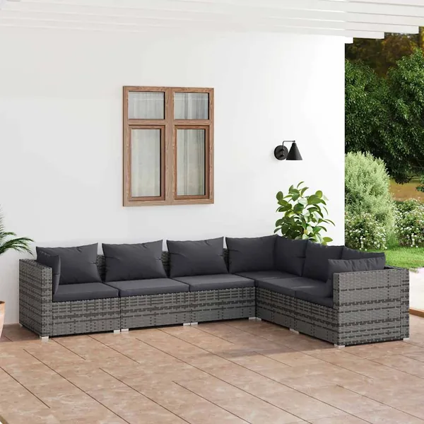 Salon de jardin 6 pcs avec coussins Résine tressée Gris