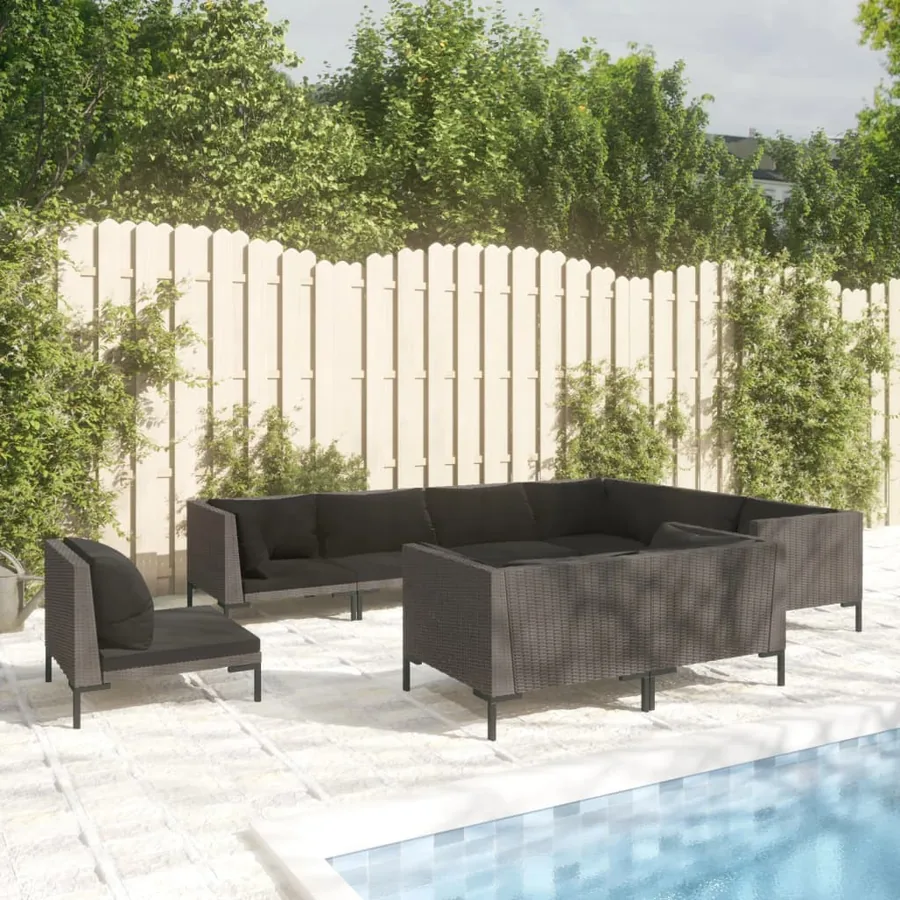 Salon de jardin 9 pcs avec coussins Résine tressée Gris foncé