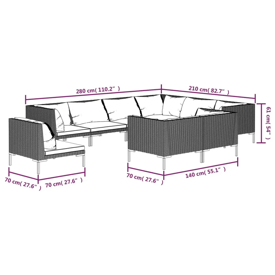 Salon de jardin 9 pcs avec coussins Résine tressée Gris foncé - 7