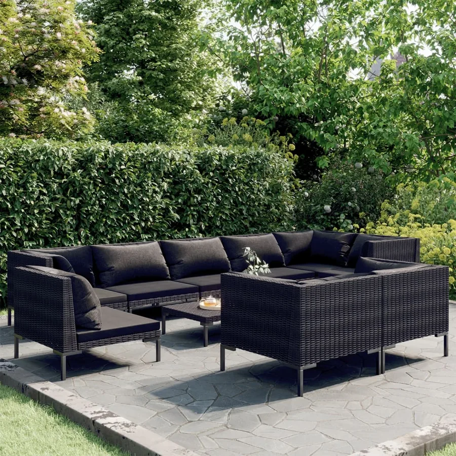 Salon de jardin 10 pcs avec coussins Résine tressée Gris foncé