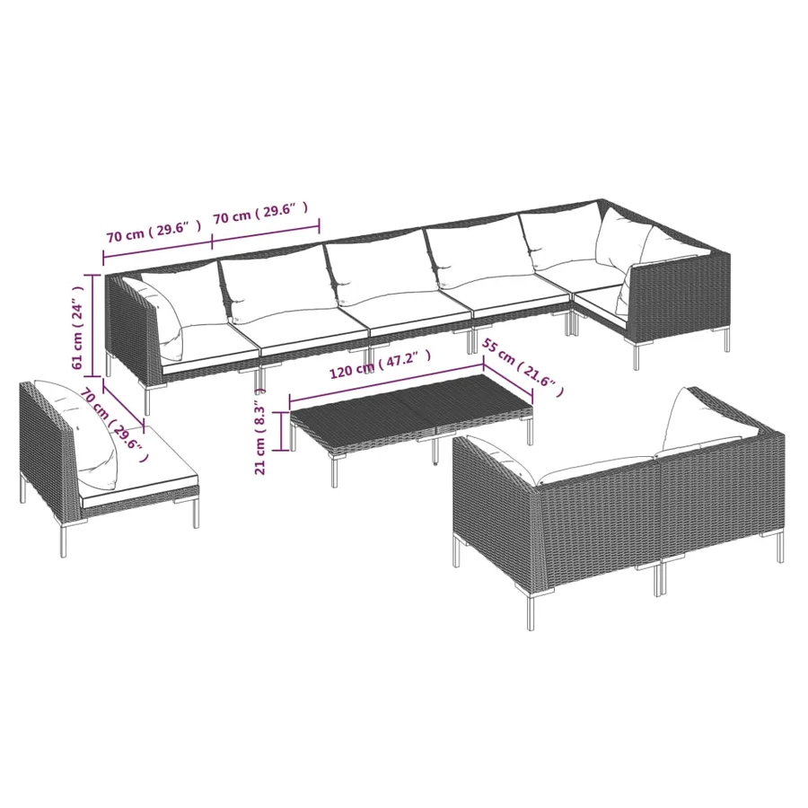 Salon de jardin 10 pcs avec coussins Résine tressée Gris foncé - 9