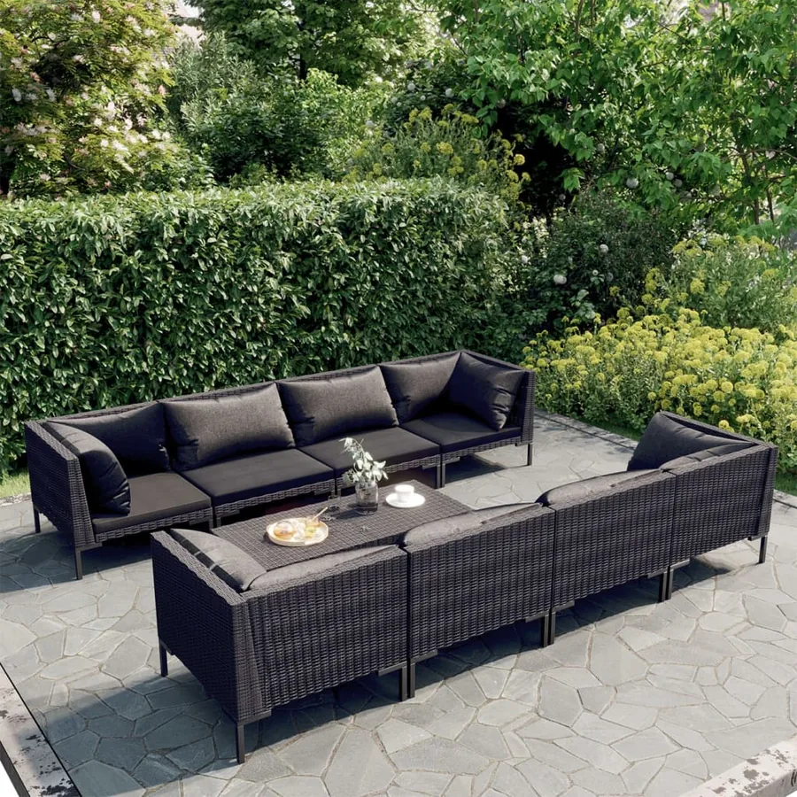 Salon de jardin 9 pcs avec coussins Résine tressée Gris foncé