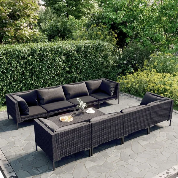 Salon de jardin 9 pcs avec coussins Résine tressée Gris foncé