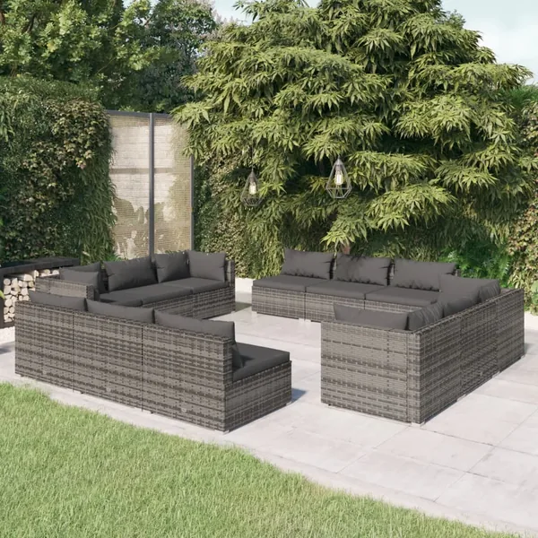 Salon de jardin 12 pcs avec coussins Résine tressée Gris