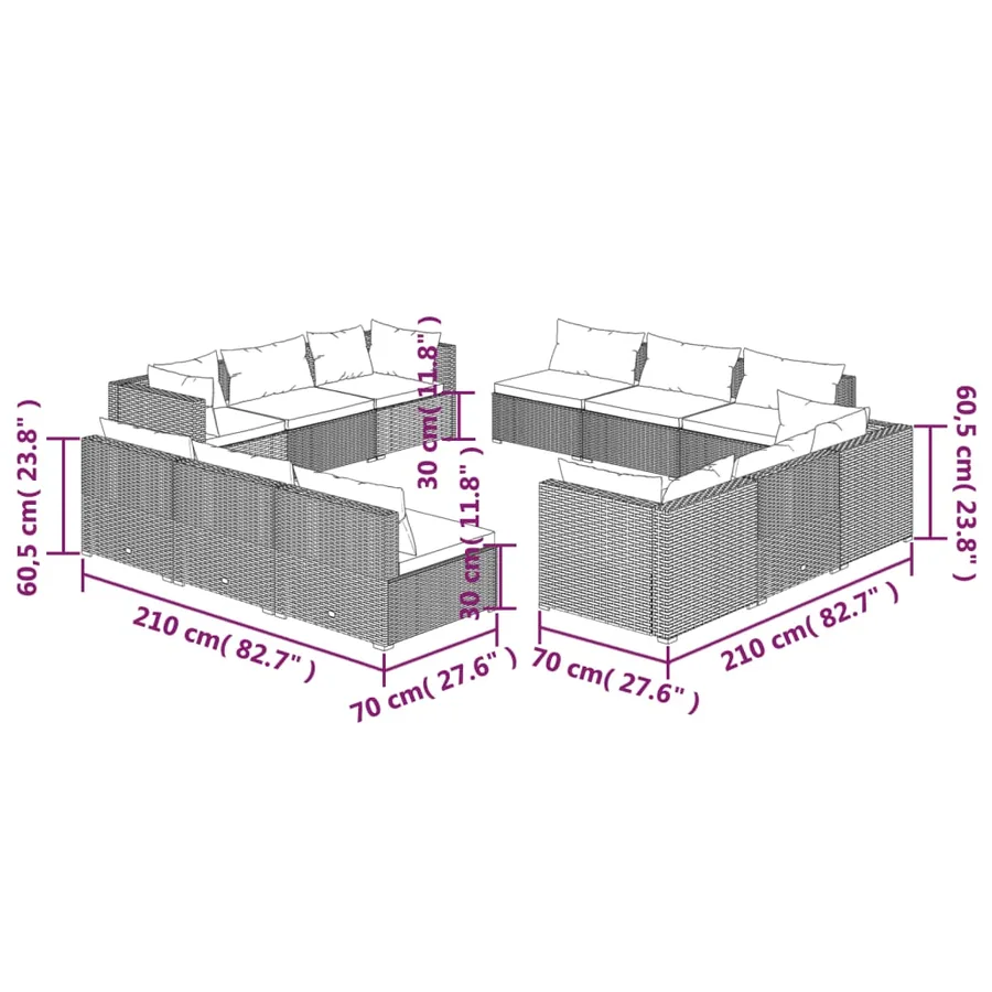 Salon de jardin 12 pcs avec coussins Résine tressée Gris - 7